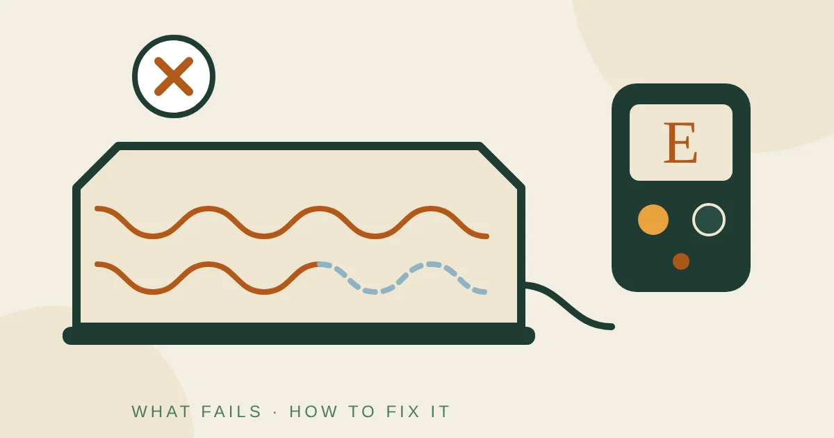 Illustration of a heated mattress pad with a controller showing an error and a checklist