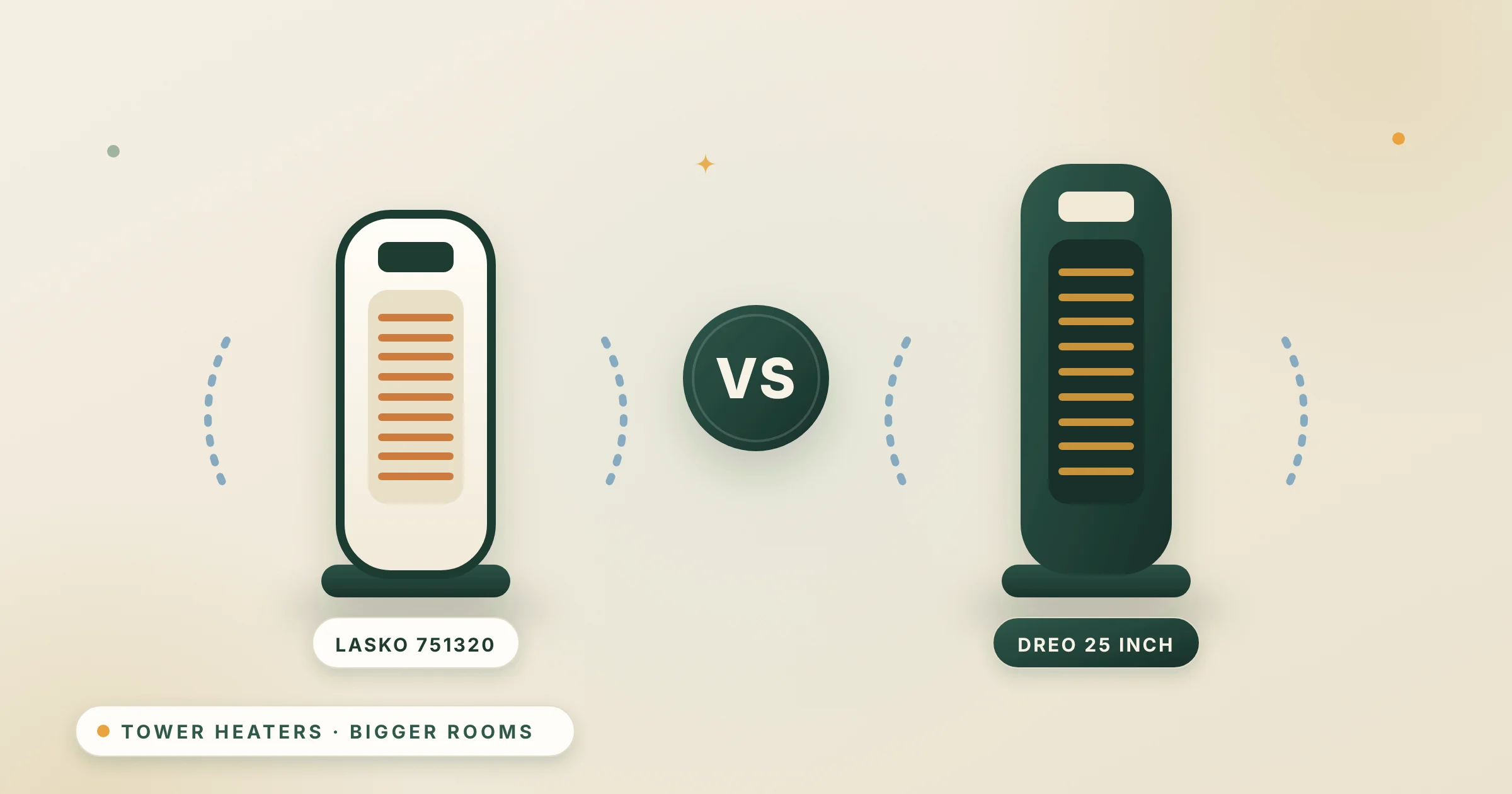 Illustration of a cream tower heater and a dark green tower heater with a VS badge