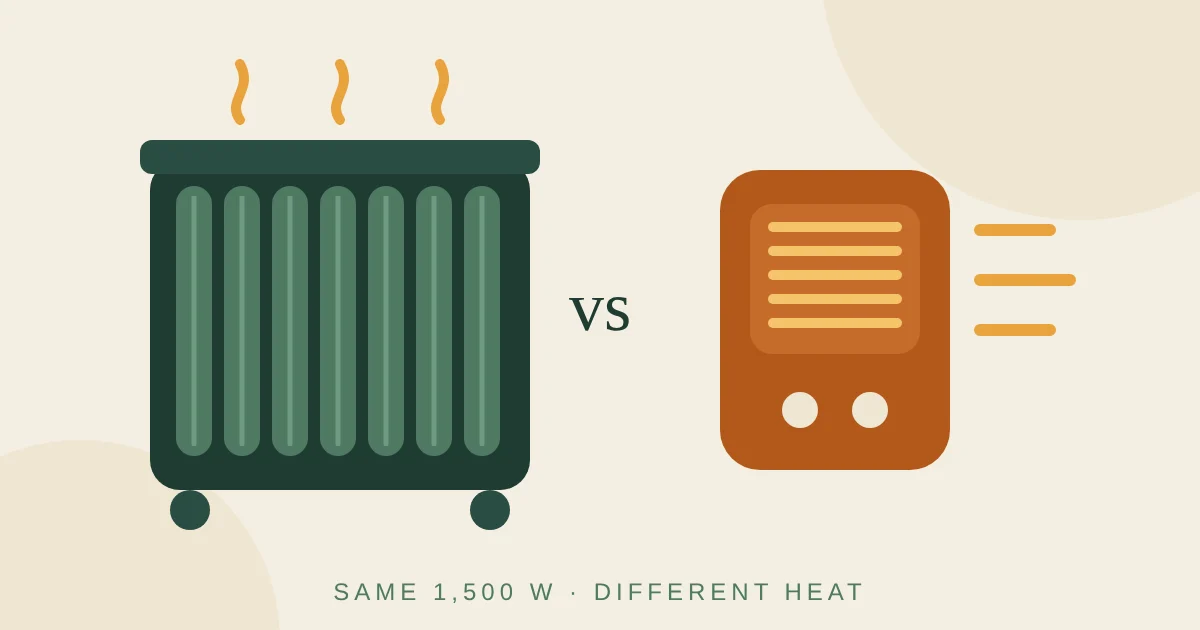 Illustration of an oil-filled radiator and a ceramic heater side by side