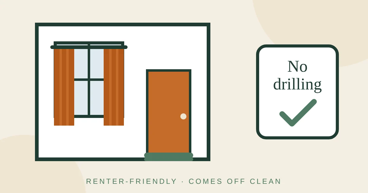 Illustration of an apartment window with tension-rod curtains and a door with a slide-on draft stopper